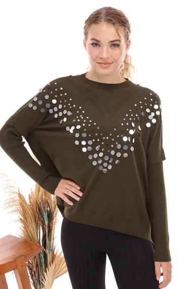 FTZ Women Kadın Önü Pul Payet İşlemeli Triko  Haki 21-1110