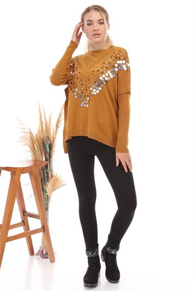 FTZ Women Kadın Önü Pul Payet İşlemeli Triko  Safran 21-1110