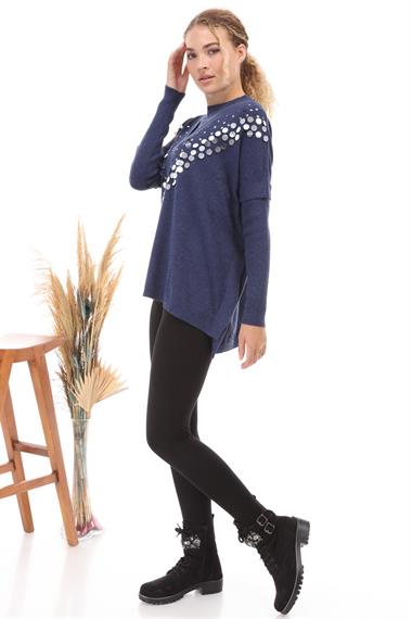 FTZ Women Kadın Önü Pul Payet İşlemeli Triko  İndigo 21-1110