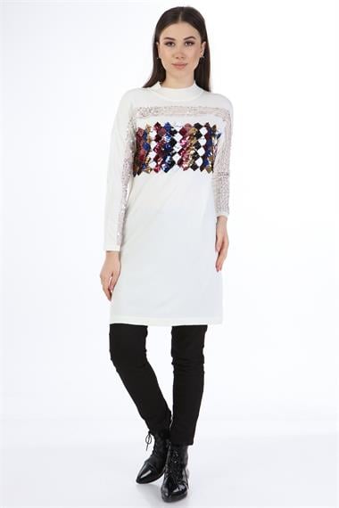 FTZ Women Kadın Önü Pul Payet Triko  Ekru 21-1238