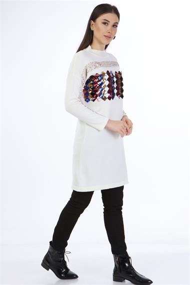 FTZ Women Kadın Önü Pul Payet Triko  Ekru 21-1238