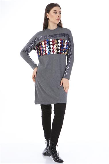 FTZ Women Kadın Önü Pul Payet Triko  Gri 21-1238