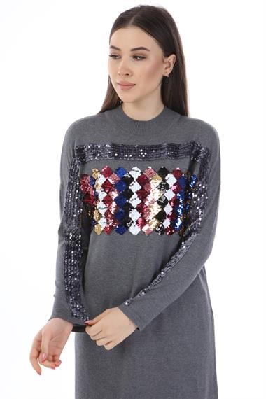 FTZ Women Kadın Önü Pul Payet Triko  Gri 21-1238