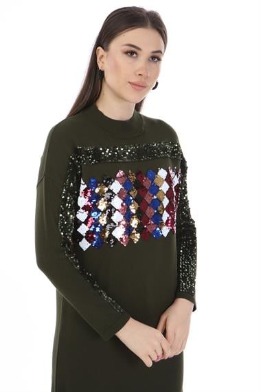 FTZ Women Kadın Önü Pul Payet Triko  Haki 21-1238