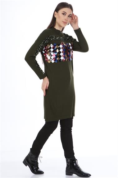 FTZ Women Kadın Önü Pul Payet Triko  Haki 21-1238