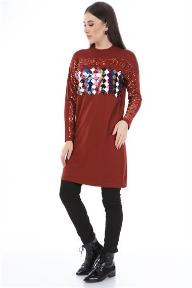 FTZ Women Kadın Önü Pul Payet Triko  Kiremit 21-1238