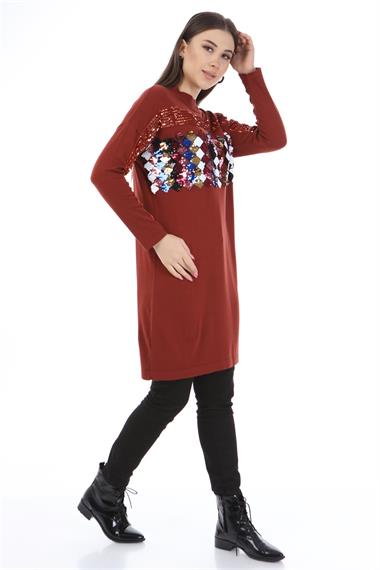 FTZ Women Kadın Önü Pul Payet Triko  Kiremit 21-1238