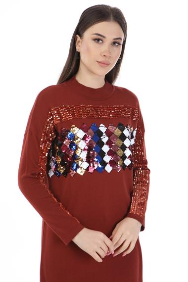 FTZ Women Kadın Önü Pul Payet Triko  Kiremit 21-1238