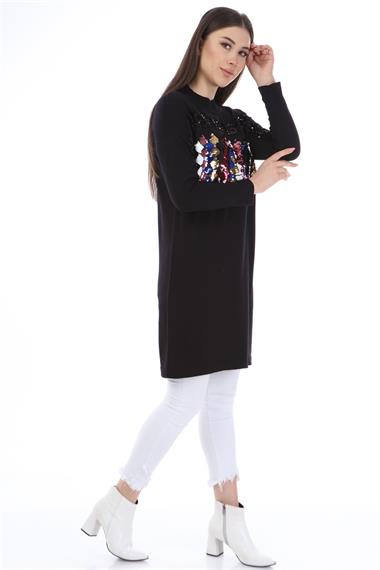 FTZ Women Kadın Önü Pul Payet Triko  Siyah 21-1238