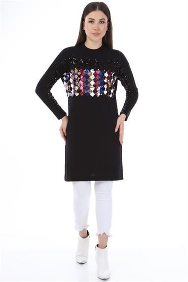 FTZ Women Kadın Önü Pul Payet Triko  Siyah 21-1238