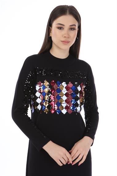 FTZ Women Kadın Önü Pul Payet Triko  Siyah 21-1238