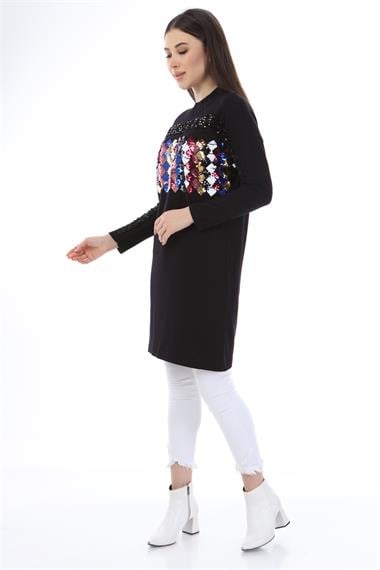 FTZ Women Kadın Önü Pul Payet Triko  Siyah 21-1238