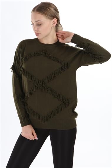 FTZ Women Kadın Önü Püsküllü Triko  Haki 21-1102