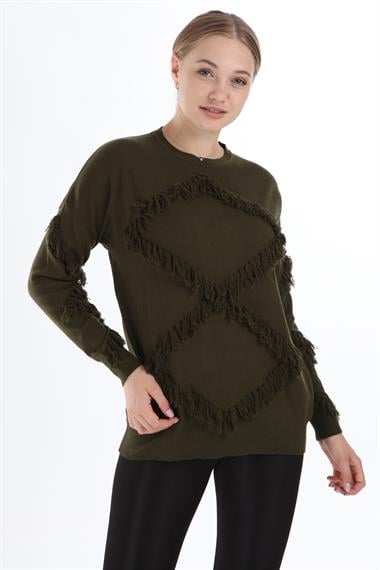 FTZ Women Kadın Önü Püsküllü Triko  Haki 21-1102
