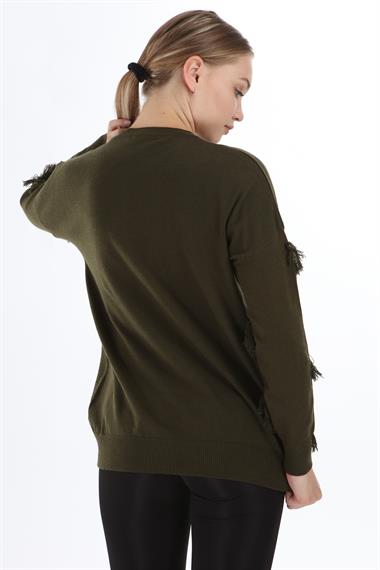FTZ Women Kadın Önü Püsküllü Triko  Haki 21-1102