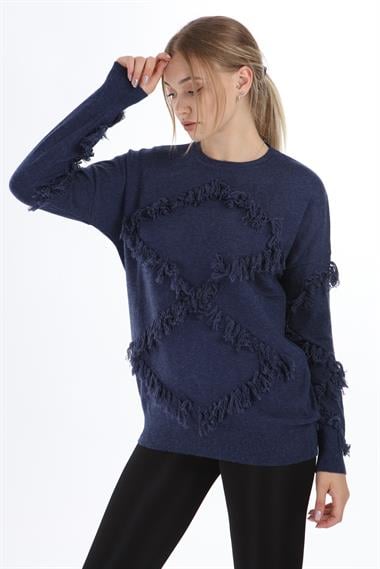 FTZ Women Kadın Önü Püsküllü Triko  İndigo 21-1102