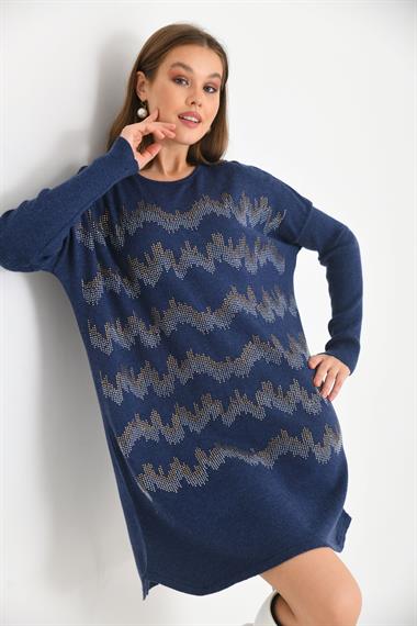 FTZ Women Kadın Önü Taş Detaylı Tunik  İndigo 21-6046