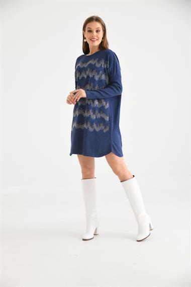FTZ Women Kadın Önü Taş Detaylı Tunik  İndigo 21-6046