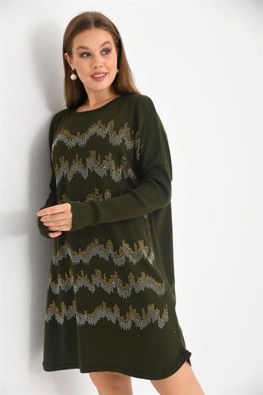 FTZ Women Kadın Önü Taş Detaylı Tunik  Haki 21-6046