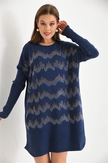 FTZ Women Kadın Önü Taş Detaylı Tunik  İndigo 21-6046