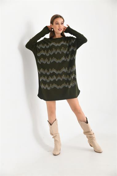 FTZ Women Kadın Önü Taş Detaylı Tunik  Haki 21-6046
