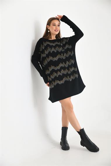 FTZ Women Kadın Önü Taş Detaylı Tunik  Siyah 21-6046