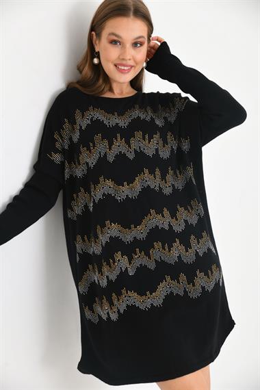 FTZ Women Kadın Önü Taş Detaylı Tunik  Siyah 21-6046