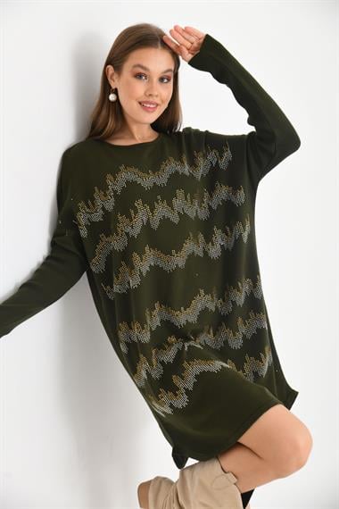 FTZ Women Kadın Önü Taş Detaylı Tunik  Haki 21-6046