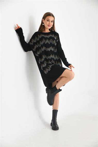 FTZ Women Kadın Önü Taş Detaylı Tunik  Siyah 21-6046