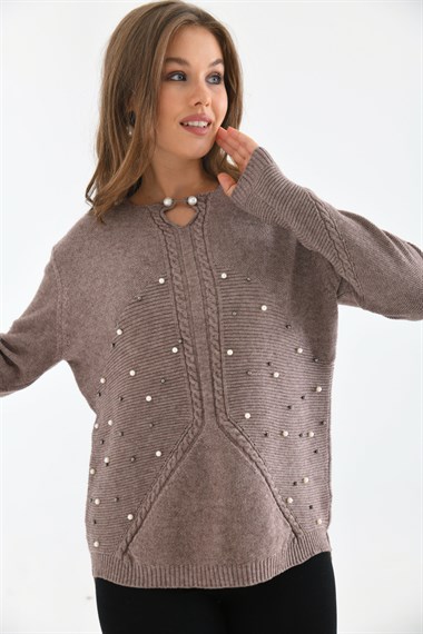 FTZ Women Kadın Örgü Detay İncili Kazak  Beige 20058