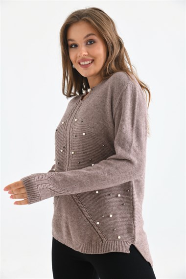 FTZ Women Kadın Örgü Detay İncili Kazak  Beige 20058