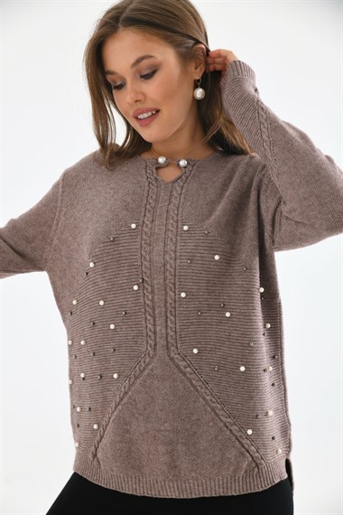 FTZ Women Kadın Örgü Detay İncili Kazak  Beige 20058