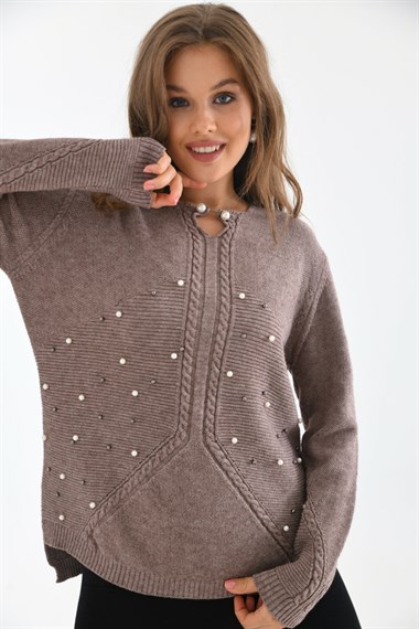 FTZ Women Kadın Örgü Detay İncili Kazak  Beige 20058