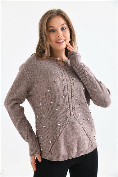 FTZ Women Kadın Örgü Detay İncili Kazak  Beige 20058