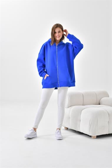 FTZ Women Kadın Oversize 3 İp Şardonlu Fermuarlı Sweatshırt  Saks Mavi 10002