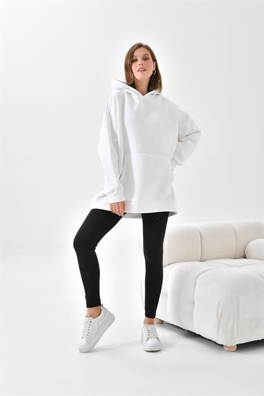 FTZ Women Kadın Oversize 3 İp Şardonlu Kapüşonlu Sweatshirt  Ekru 10000