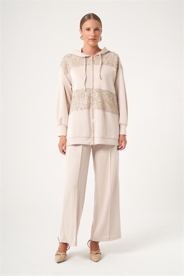 FTZ Women Kadın Payet Detay Modal Takım  Beige 31519