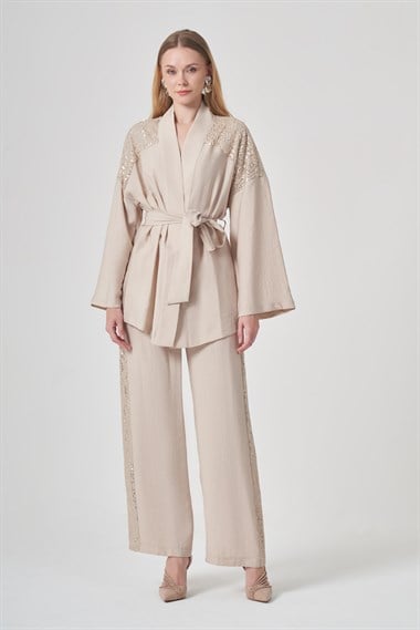 FTZ Women Kadın Payet Detay Takım  Beige 31431