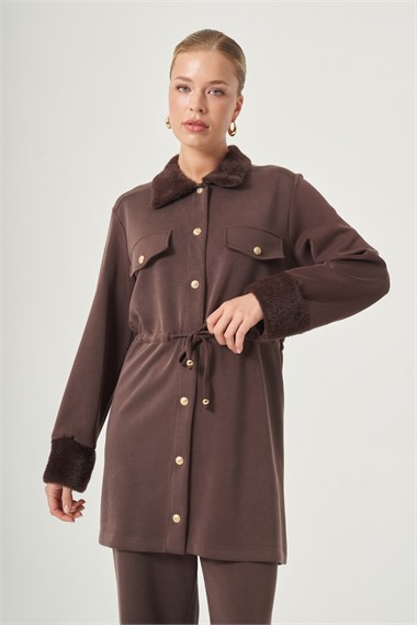 FTZ Women Kadın Peluş Detay Pantolonlu Takım  Kahve 31528