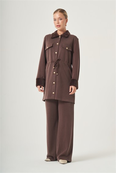 FTZ Women Kadın Peluş Detay Pantolonlu Takım  Kahve 31528