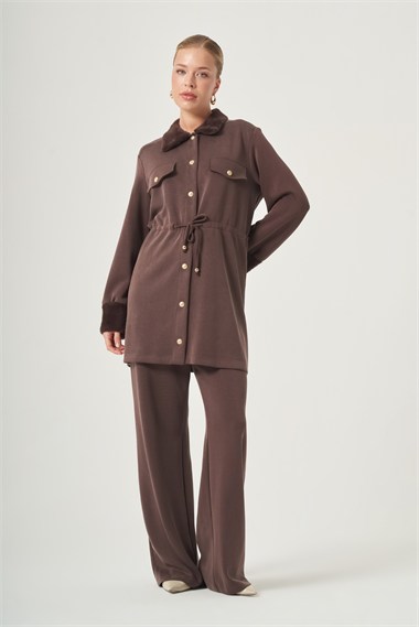 FTZ Women Kadın Peluş Detay Pantolonlu Takım  Kahve 31528