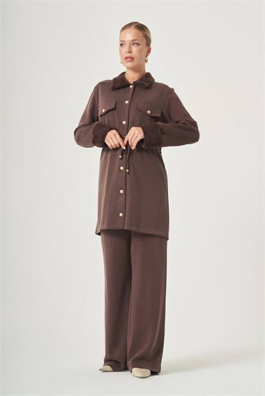 FTZ Women Kadın Peluş Detay Pantolonlu Takım  Kahve 31528