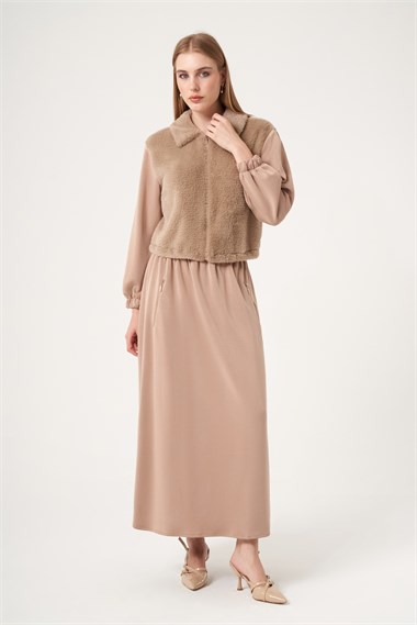 FTZ Women Kadın Peluş Detaylı Etekli Takım  Camel 31527