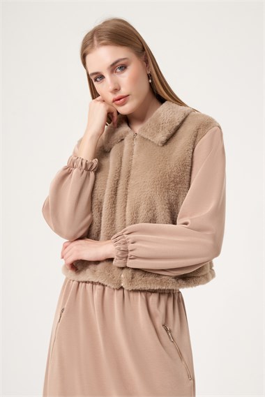 FTZ Women Kadın Peluş Detaylı Etekli Takım  Camel 31527