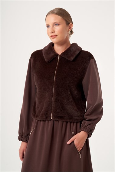 FTZ Women Kadın Peluş Detaylı Etekli Takım  Kahve 31527