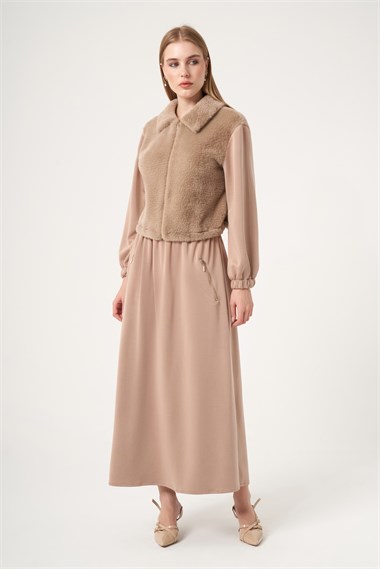 FTZ Women Kadın Peluş Detaylı Etekli Takım  Camel 31527