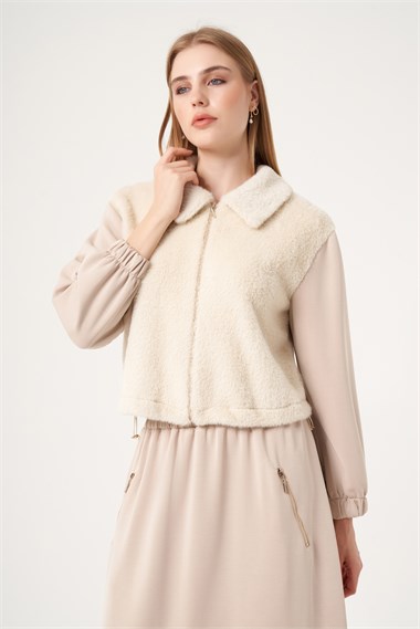 FTZ Women Kadın Peluş Detaylı Etekli Takım  Beige 31527