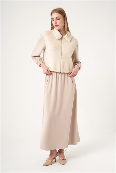 FTZ Women Kadın Peluş Detaylı Etekli Takım  Beige 31527