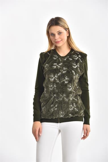 FTZ Women Kadın Peluş Fermuarlı hırka  Haki 21-1363