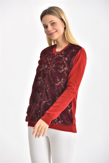 FTZ Women Kadın Peluş Fermuarlı hırka  Kırmızı 21-1363